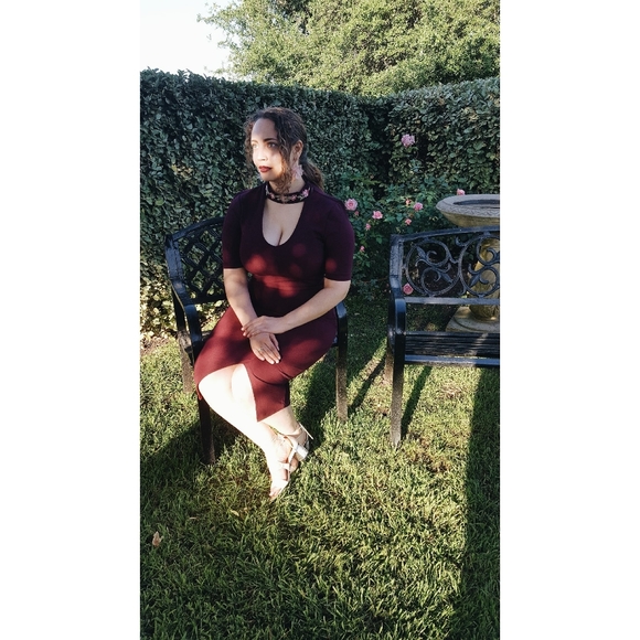 Almost Famous Burgundy Dress with Embroidered Neck - Picture 2 of 7